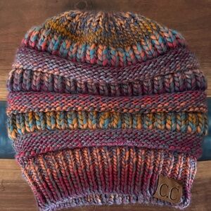 C.C Multicolor ponytail Knit Beanie with Orange and Blue